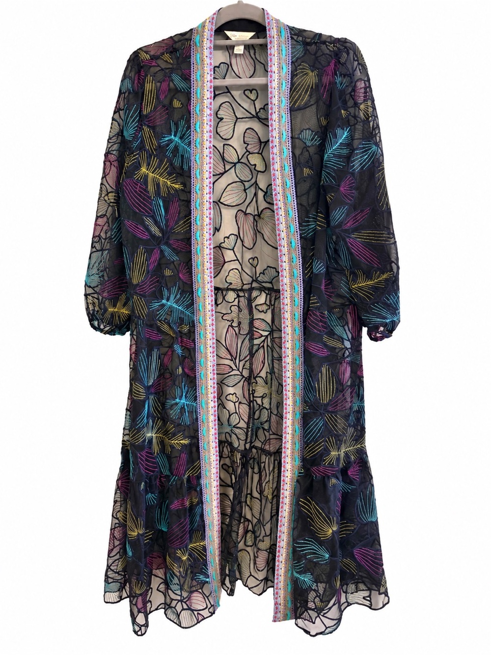 Cato Multicolor Floral Embroidered Sheer Mesh Duster Kimono L